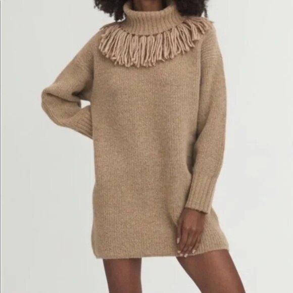 Something Navy Blue Wool Blend Fringe Turtle Neck Tunic Sweater Dress - Picture 4 of 15